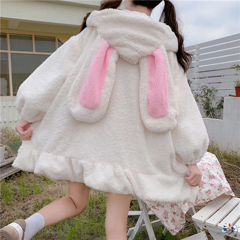 Autumn Winter Women Harajuku Kawaii Rabbit Ear Hooded Sweatshirt Loose Long Ruffle Hem Fleece Hoodie Cute Warm Zip-Up Streetwear