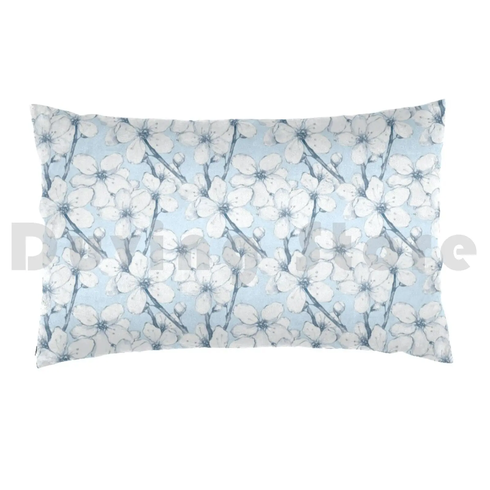 Japanese Garden. Blue Pillow Case 20*30 Inch Blooming Floral Flowers Spring Petal Leaf Blossom Asia Season Cherry