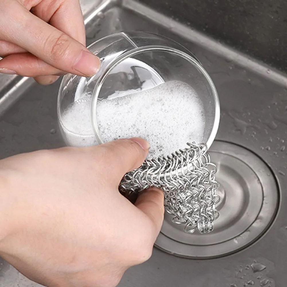 Kitchen Cleaning Ring Cloth Stainless Steel Chain Scrubber Pan Scraper Cookware Accessories Reusable Washing Net Cleaning Tool