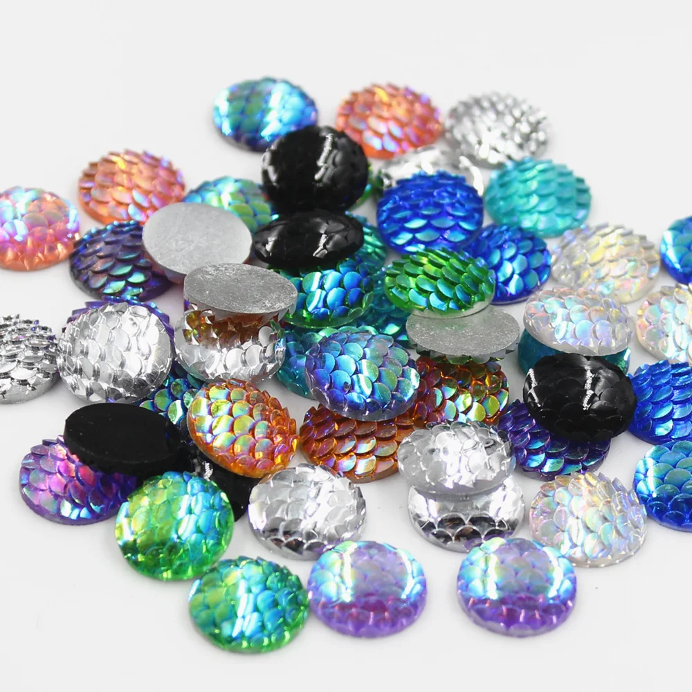 100pcs 12mm Mix Colors Mermaid Fish Scale Flat back Rhinestone Round Cabochon Embellishment Scrapbooking DIY Crafts