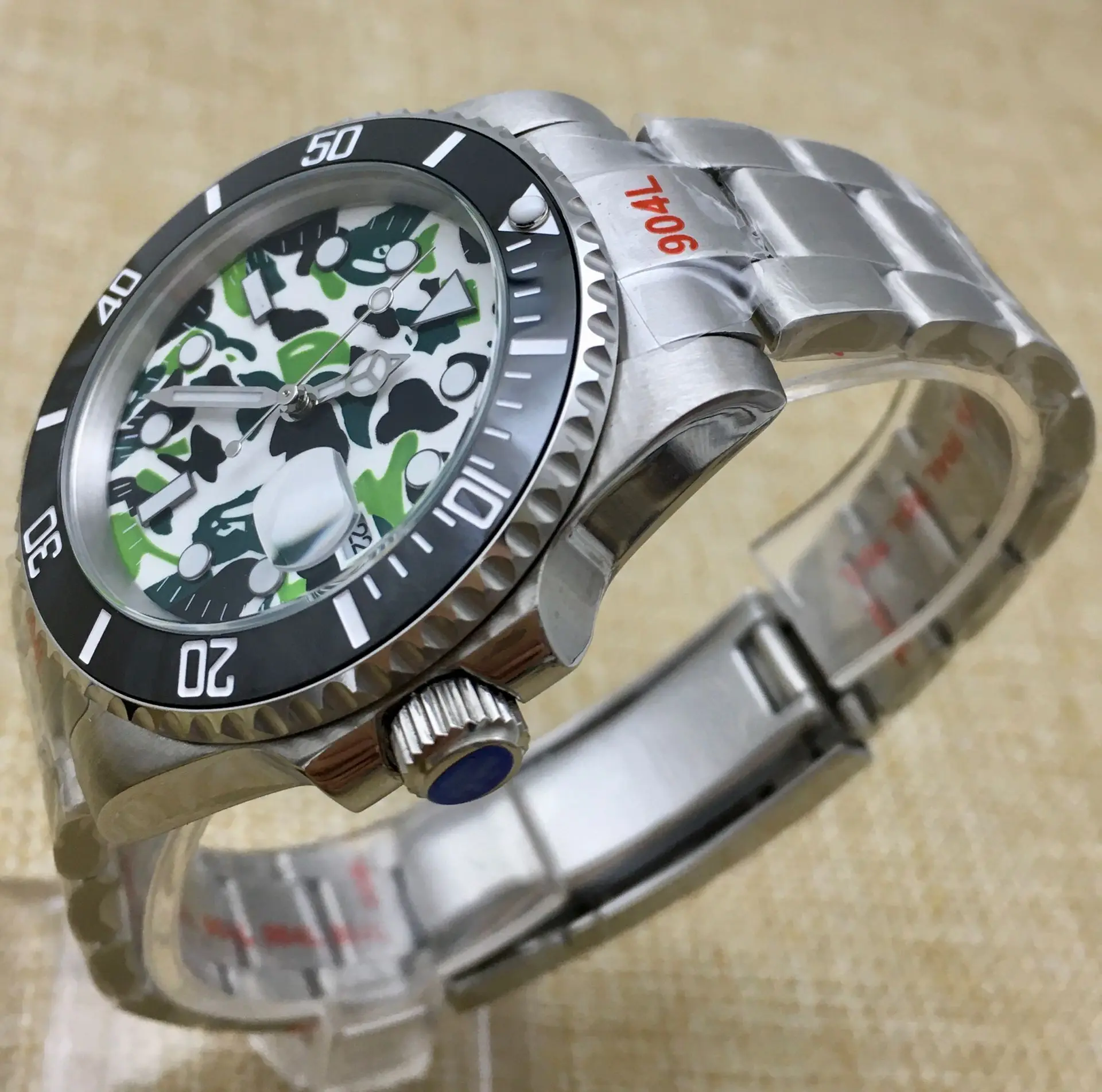 Fashion Green Camouflage Dial Luminous Sports Men\'s Watch Automatic Watch Mechanical Stainless Steel Case Bracelet