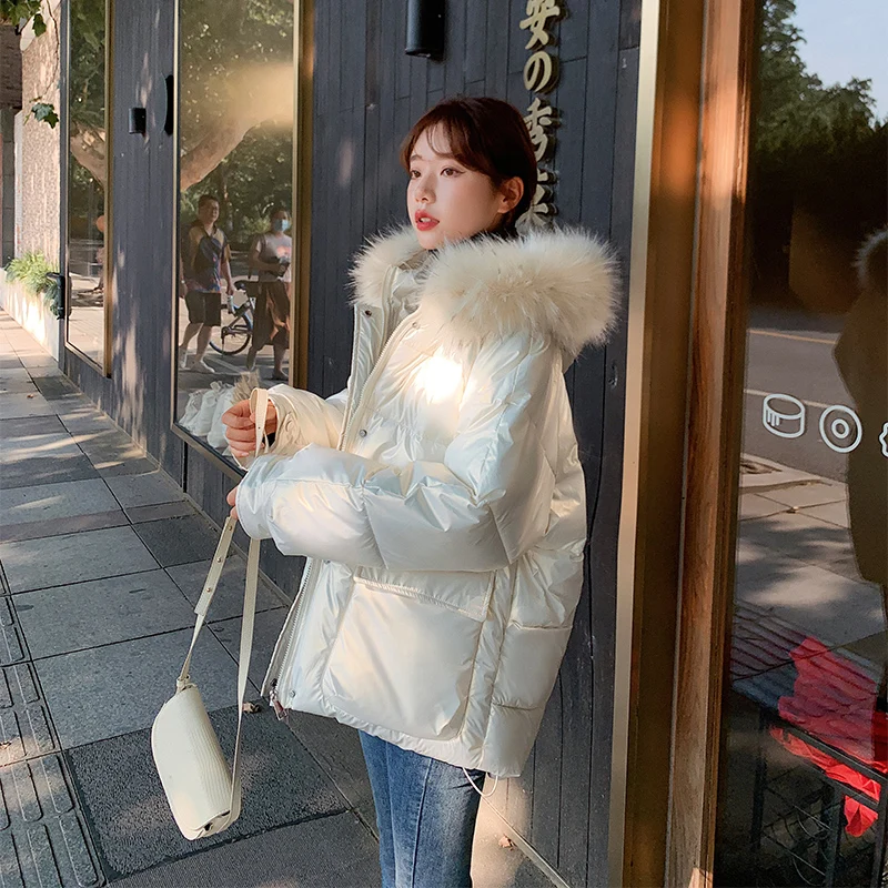 

2024 Winter Down Jacket Women Fashion Faux Fur Collar Hooded Short Parkas Mujer Thick Cotton Padded Overcoat Female Jackets