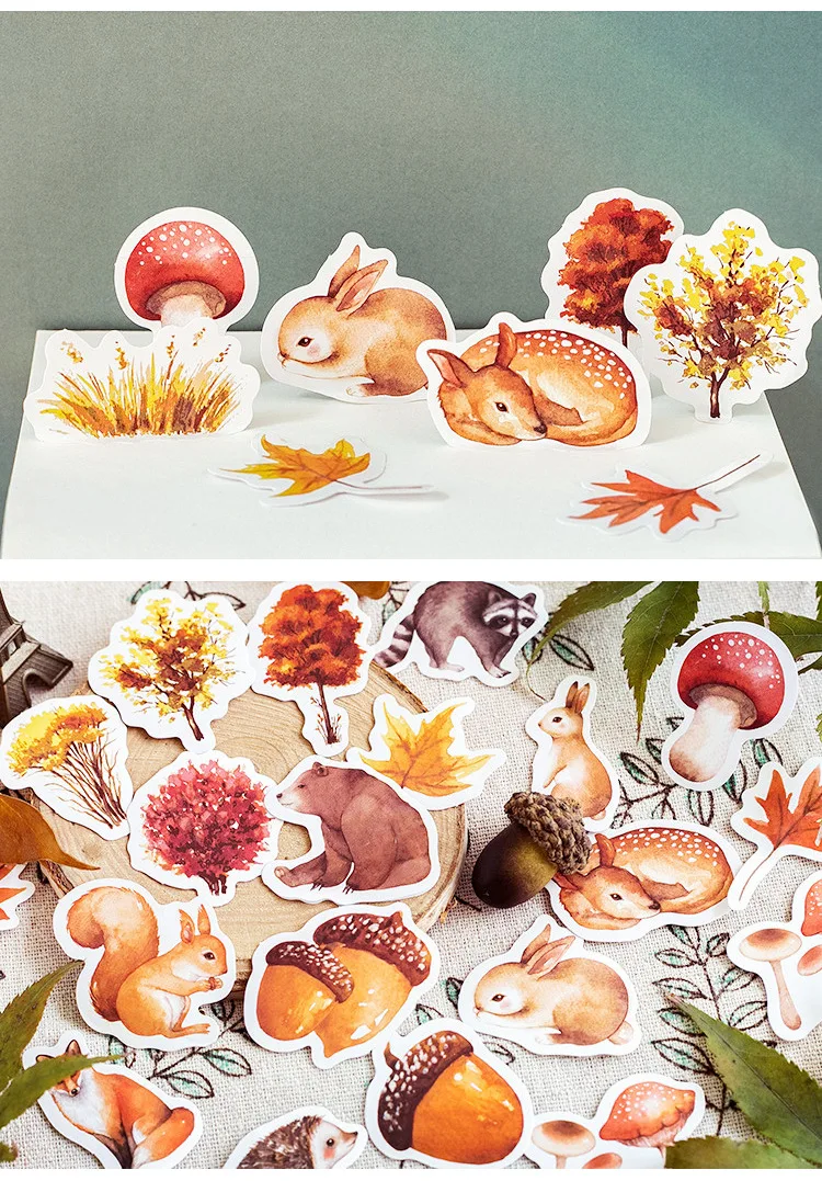 46 Pcs Autumn Forest Party DIY Adhesive Stickers Pack Decorative Album Diary Stick Labels Stationery for Creative Crafting