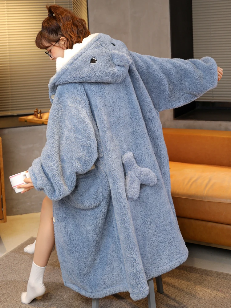 Women\'s Dressing Gown Fleece Hooded Bathrobe Princess Robe Fluffy Warm Sherpa Shaggy Kimono Shark Winter Woman Coats For Home