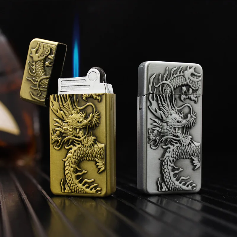 Dragon Pattern Metal Lighter Cigarette Lighters Refillable Butane Gas Torch Jet  Cigar Lighter Gadgets for Men Without Gas