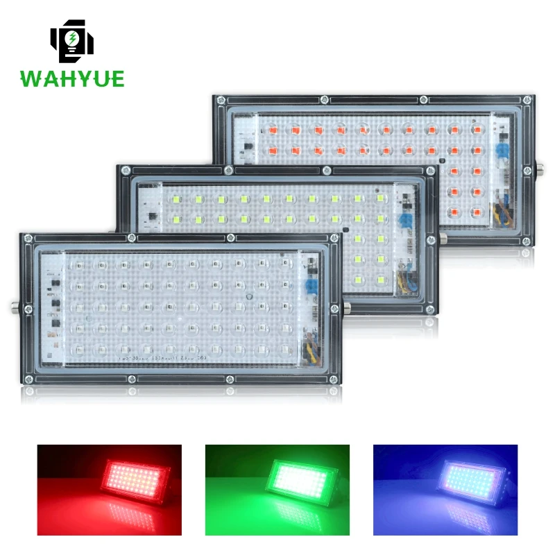 Refletor para área externa, 50w, lâmpada de led rgb, 220v ac, resistência à água ip65, refletor led, vermelho, verde, azul, iluminação de jardim