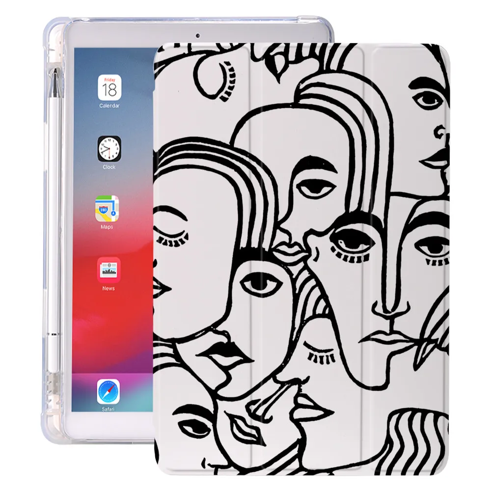 Character Line Art For 10.2 Silicone iPad Case Air 4 Pro 10.9 2020 With Pen Holder 7th 8th Generation 12.9 Pro 2018 Mini 4 5