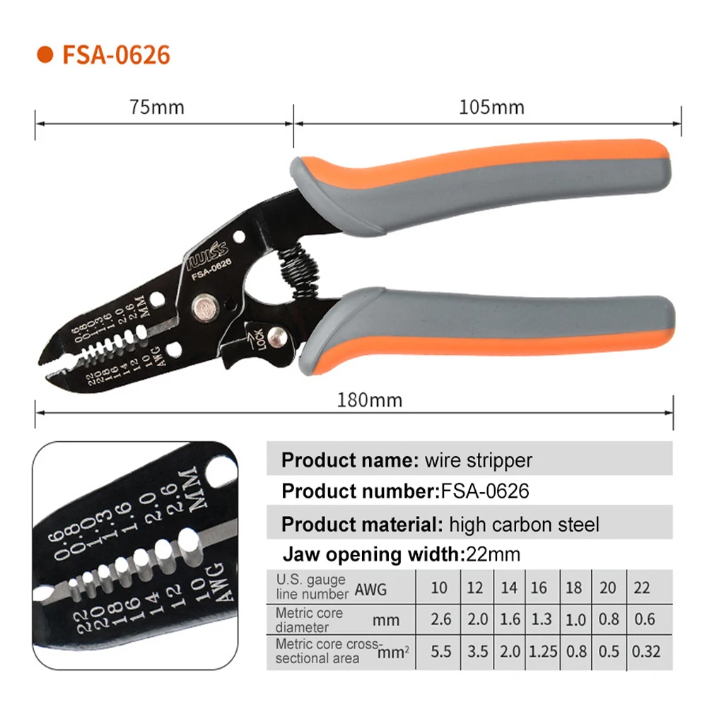 Alicates de pelado de cables solares multifunción, FSA-0626 /FSA-0626B, cortador de cables de diámetro 0,6-2,6mm (22-10AMG), herramientas de pelado de cables