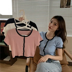 Women Knitted Cardigan Top Female Slim O Neck Short Sleeve T-Shirt Women Summer Clothing