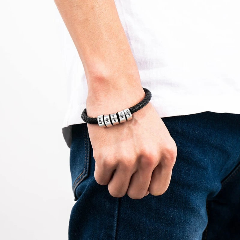 Black Genuine Leather Bracelet Customized Personality Men Jewelry Engrave Family Name Stainless Steel Bangle Men Women Gifts