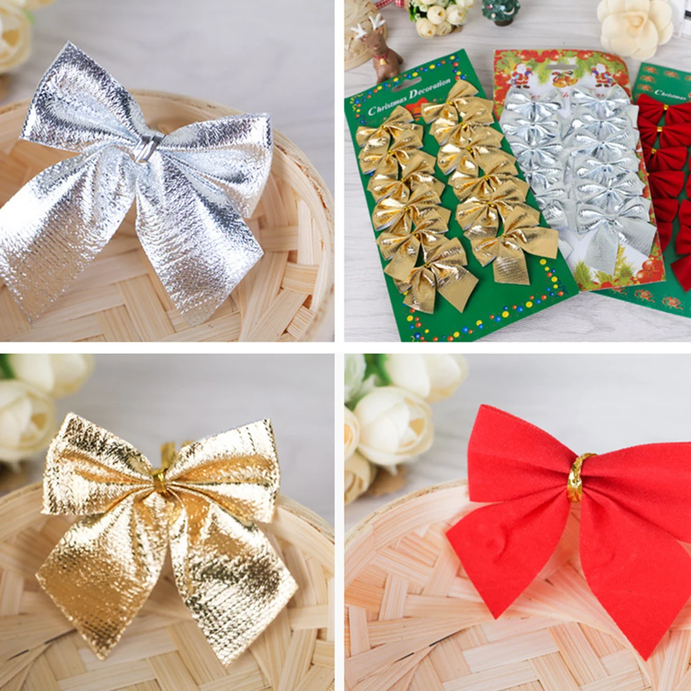12pcs Christmas Bow Hanging Decoration Gold Silver Red Bowknot Home Christmas Ornaments Xmas Tree Decor New Year Gift