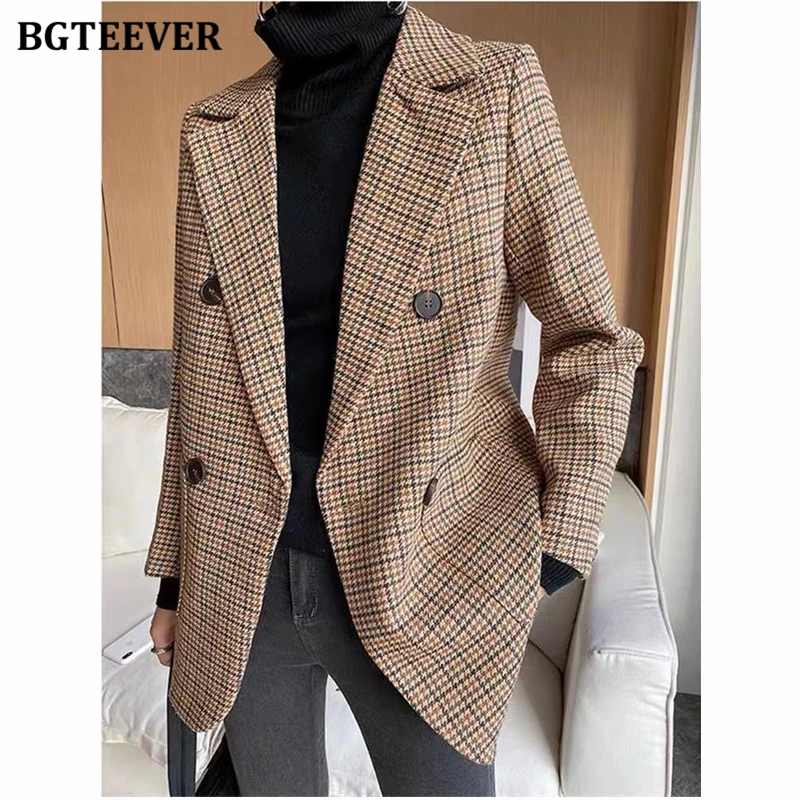 BGTEEVER Vintage Double Breasted Women Houndstooth Plaid Suit Blazer 2021 Spring Full Sleeve Sashes Belted Female Blazer Outwear