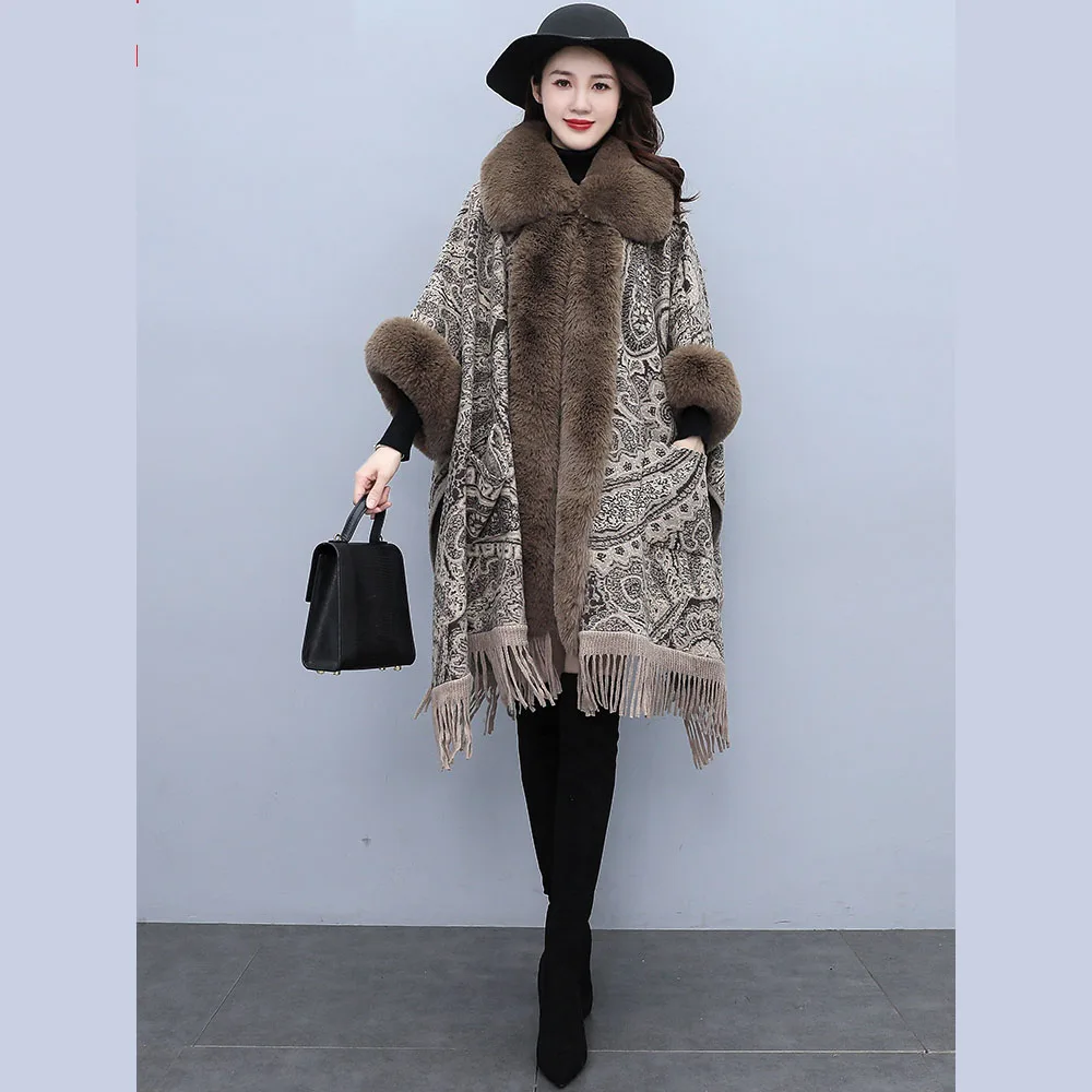 Big Version Soft Warm Wool Blends Cape Coat Fashion Faux Rex Rabbit Fur Overcoat Pocket Jacquard Cloak Winter Women Wraps Lapel