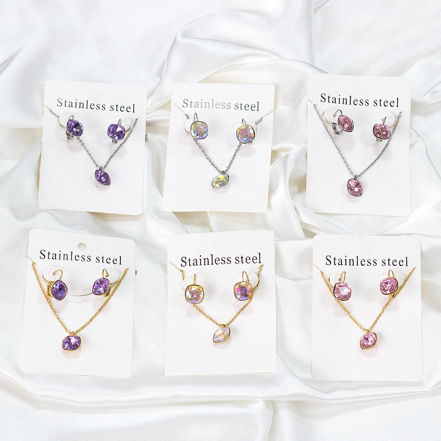 LUXUKISSKIDS Sqaure Cubic Zirconia Jewellery Sets Trendy Geomtric Multi-Colorful Shiny Crystal Necklace Earrings Set Wholesale