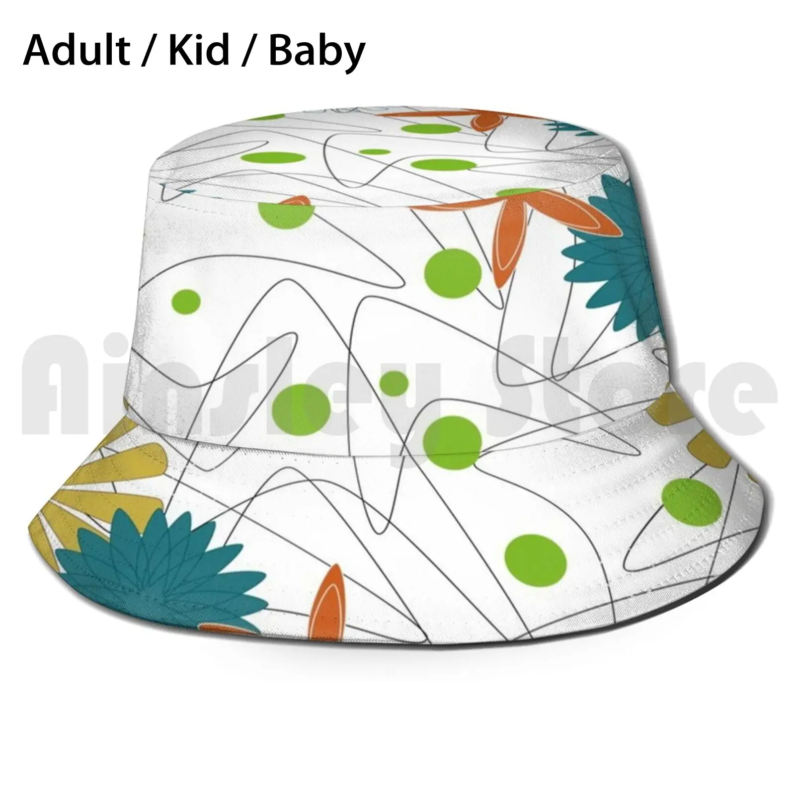 Retro 60S Floral And Boomerang Bucket Hat Adult kid baby Beach Sun Hats 1950S 1960S 50S 60S Abstract Atomic Atomic Era