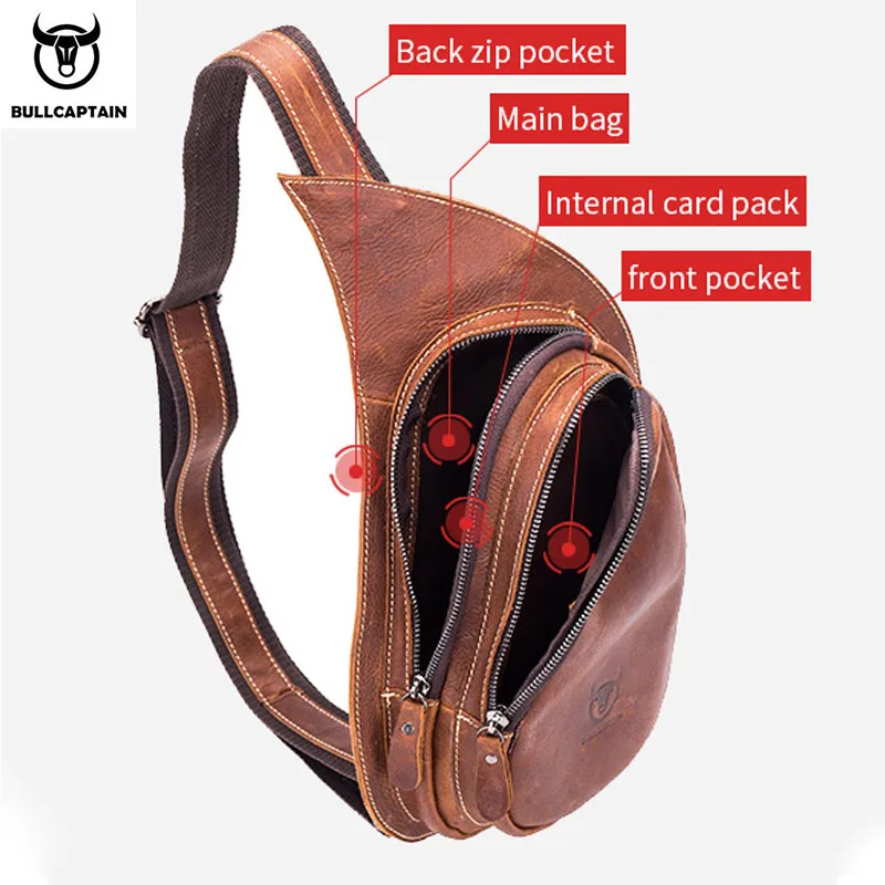 BULLCAPTAIN Leather Crossbody Bag Men Crazy Horse Leather Chest Bags New Fashion Multi-Function Card Bag's Mobile Phone Bages