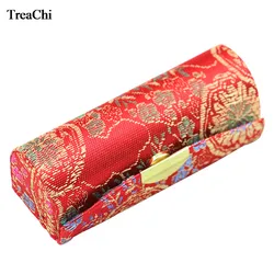 Mini Woven Flower Brocade Lipstick Case Portable Lipstick Storage Box with Mirror Pendant Ring Jewelry Button Box Random Color