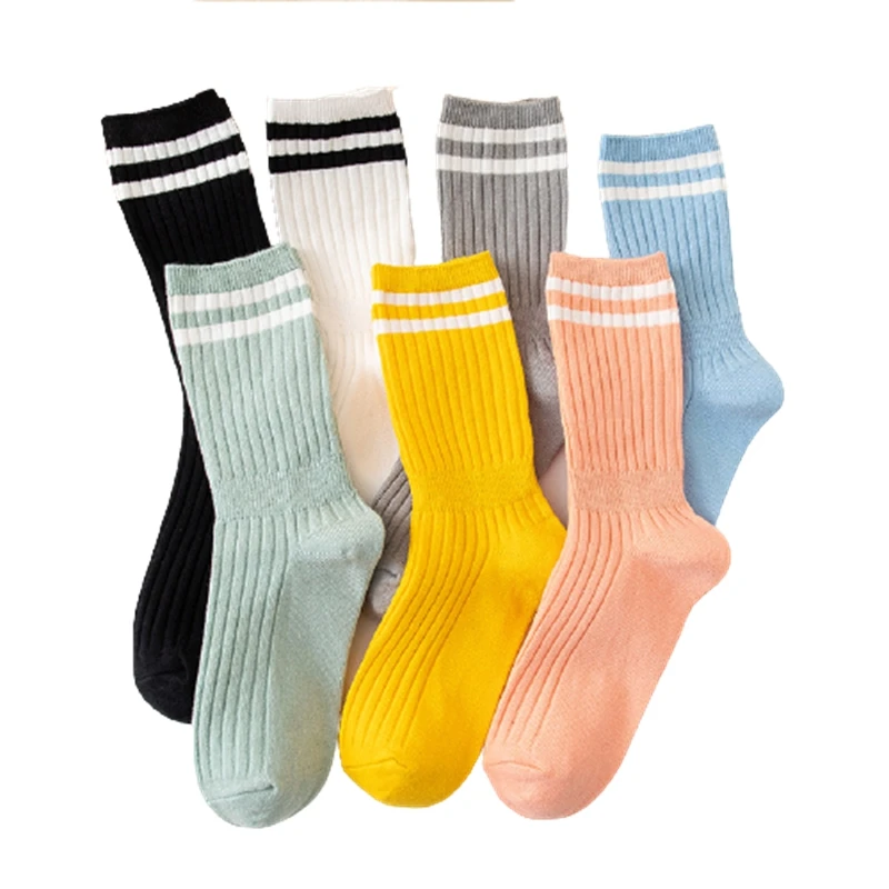 

Socks Women Woman harajuku The Two Bars Japanese Striped Cotton Tube Pile Socks Ins Tide Sock College Style Sox calcetines mujer