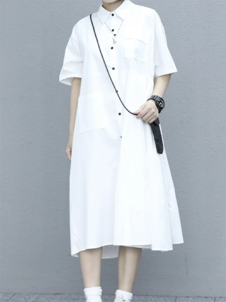 Ladies Dress Shirt Skirt Summer New Pleated Lapel Single Breasted Design Fashion Trend Casual Loose Dress