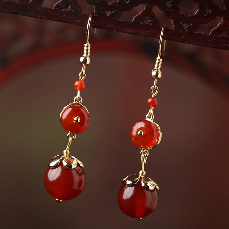 Red Agate Earrings Eardrop Women Vintage Ethnic style Ear Clip Dangle Bride Jewelry Hanging Accessories