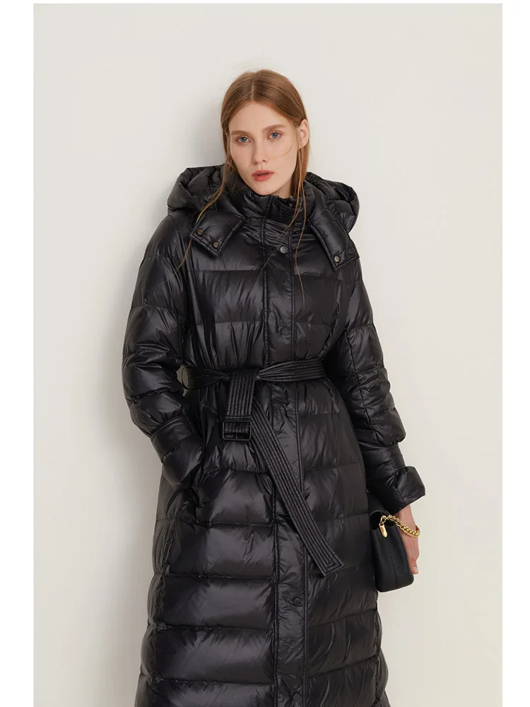 Black down jacket women\'s winter new style zipper removable hood black long belted coat