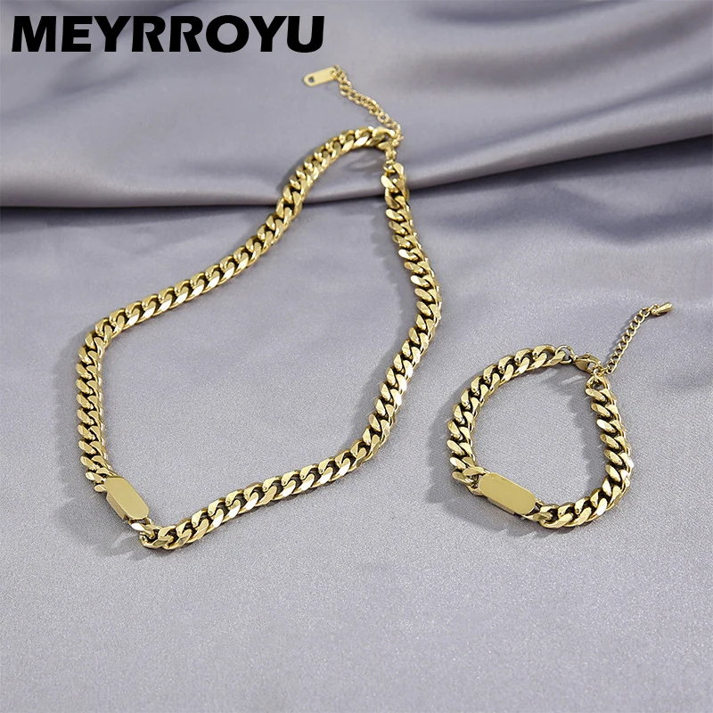 MEYRROYU Stainless Steel New Punk Hip Hop Cuban Link Thick Fashion Jewelry Set For Women Necklace Bracelet 2021 Trend Party Gift