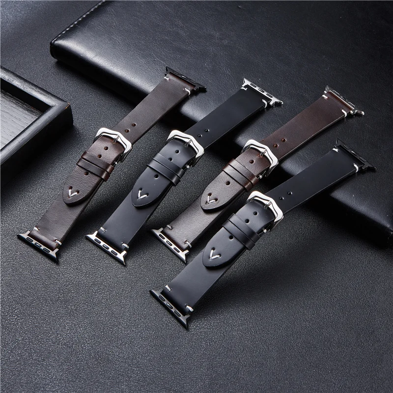 Oil Wax Cowhide Leather Strap for Apple Watch 6 SE 5 4 3 Men Bracelet for iwatch 38mm 40mm 42mm 44mm Black Brown Watchbands