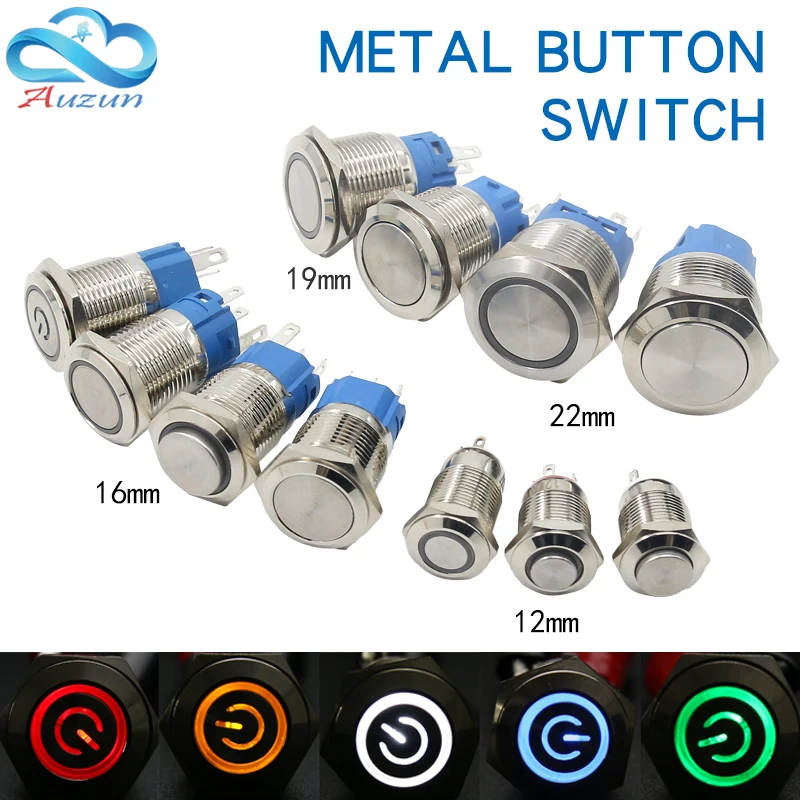 12/16/19/22MM Waterproof Metal Push Button Switch LED Light Self-Locking/Self-Reseting Car Engine Power Switch12V 24V 110V 220V