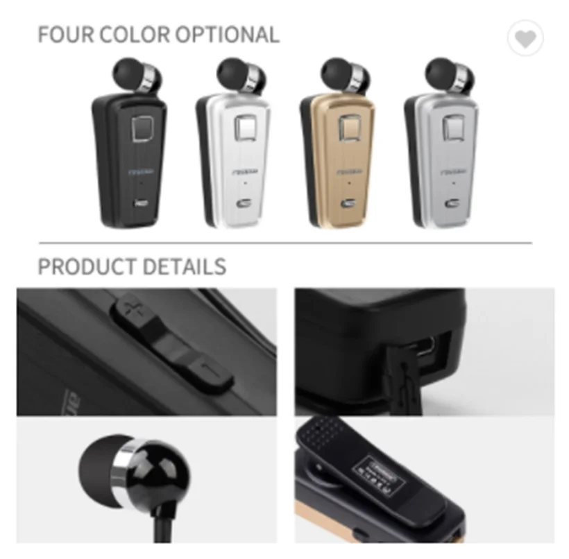 Fineblue f980 fone de ouvido esportivo sem fio bluetooth, fone de ouvido telescópico em clipe estéreo vibração com bolsa