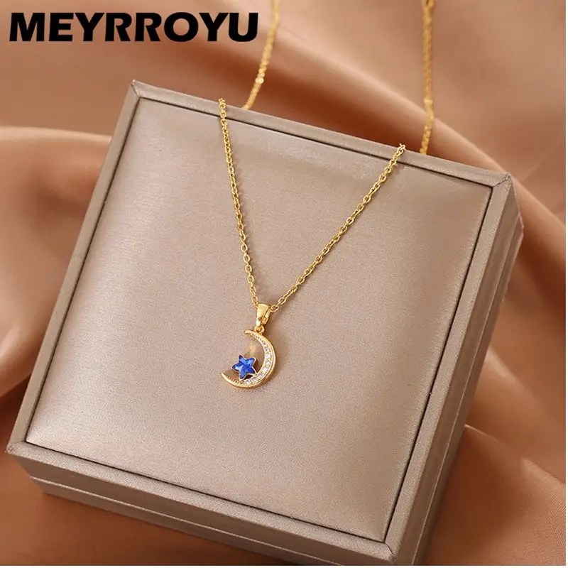 MEYRROYU Stainless Steel Star Moon Pendant Necklaces For Women Fashion Blue Rhinestone Choker Jewelry 2023 New Trend Party Gift