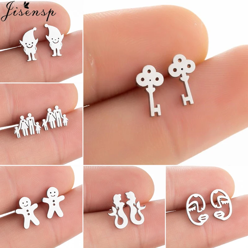 Korean Tiny Key Earings Women Jewelry Minimalist Stainless Steel Snowman Mermaid Face Earrings Studs Piercing Christmas Gifts