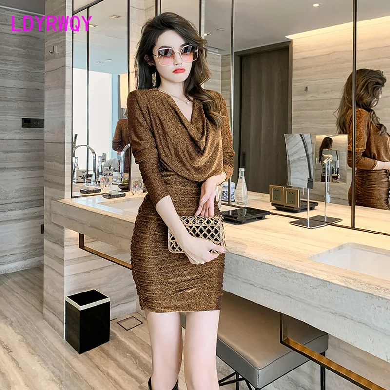 

2021 autumn and winter new design pile collar long-sleeved high-waist pleated hip dress small children