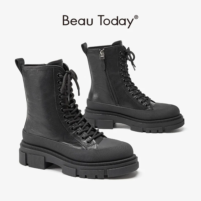 BeauToday Platform Ankle Boots Women Cow Leather Round Toe Cross Tied Side Zipper Punk Female Combat Shoes Handmade 03571