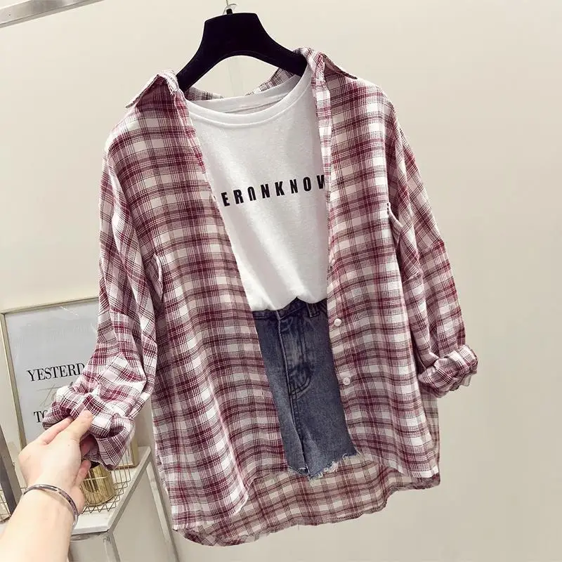 Plaid Shirt for Women Early Spring Loose Retro Blusas Ropa De Mujer