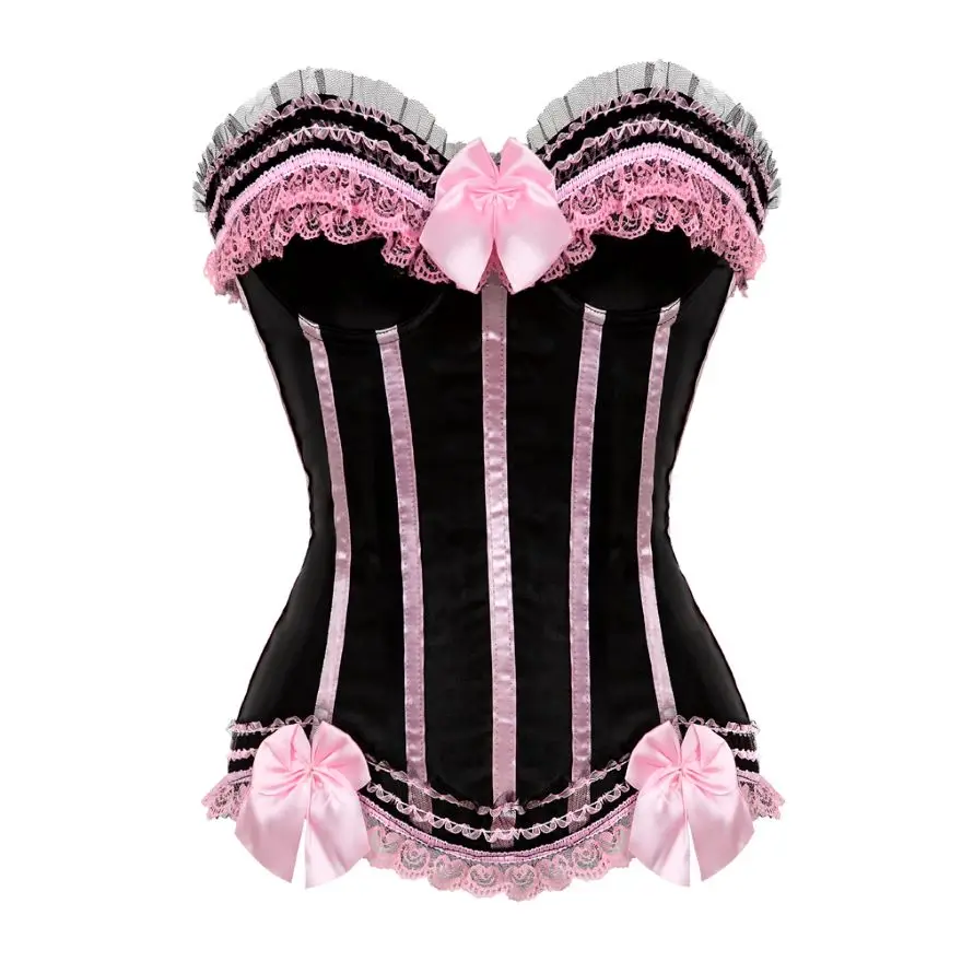 Women Sexy Lace Bow Trim Overbust Corsets Bustiers Showgirl Satin Waist Cincher Body Shaper Lace Up Corset Bustier Lingerie Top