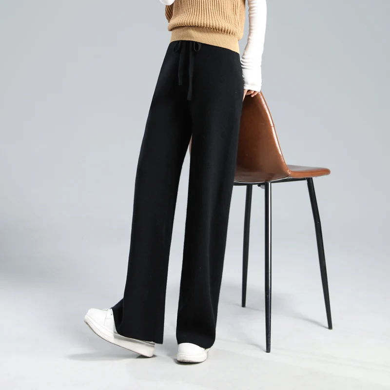 Hot sale Women 100% Pure Wool Pants 2023 New Autumn Winter Soft Waxy Comfortable High-Waist Knit Female Thicken Wide Leg Pants