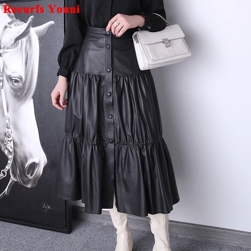 Luxury Women Pleated Puff Long Skirt Female Genuine Leather Soft Sheepskin Personality Single Breasted Chic 80 CM Faldas Largas