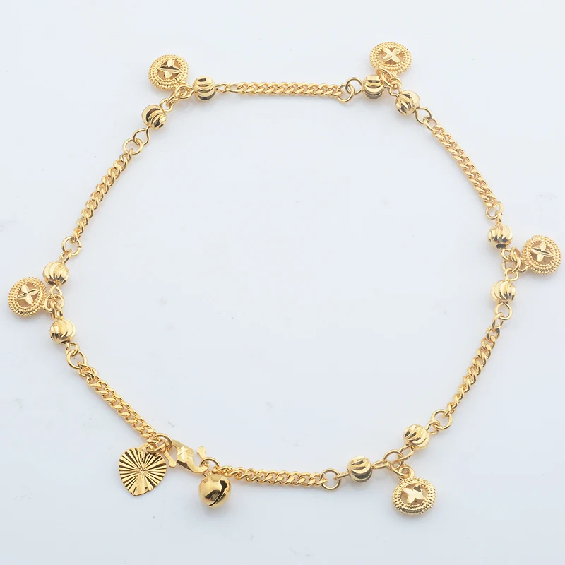 Women Girls Yellow Gold Color Curb Round Ball Anklets Foot Chains Long Jewelry 28cm