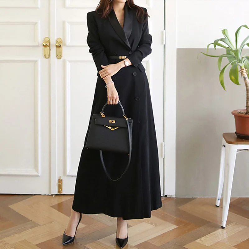 JSXDHK High Quality Double-Breasted Women Long Dress Spring Autumn Notched Collar Long Sleeve Belt Dress Elegant Office OL Dress