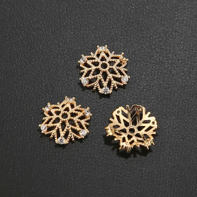 5pcs Real Gold Plated Brass 12mm Width Micro Pave Cubic Zirconia Snowflake Flower Beads Caps For DIY Jewelry Finding