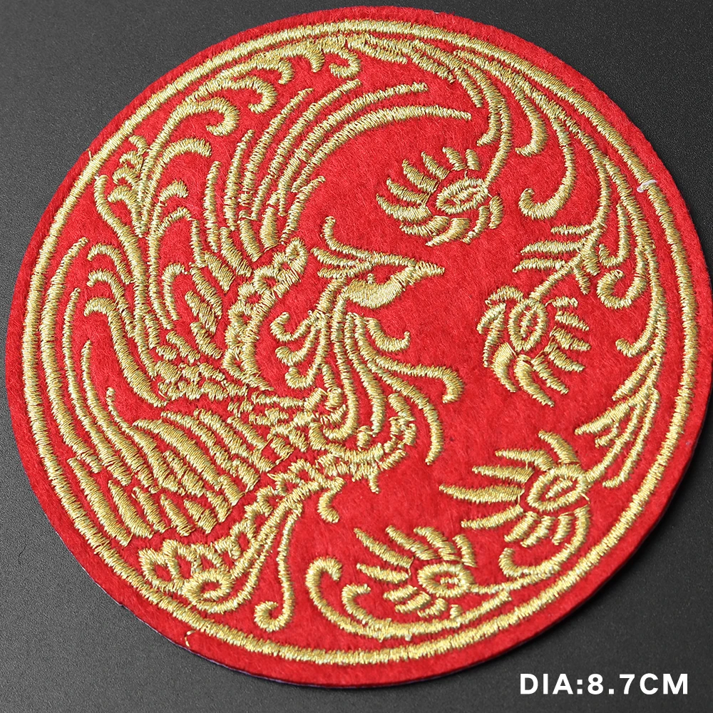 Animals red round patch dragon and Phoenix badge Sweater denim jacket gold thread Embroidered ironing sewing Decal on clothes