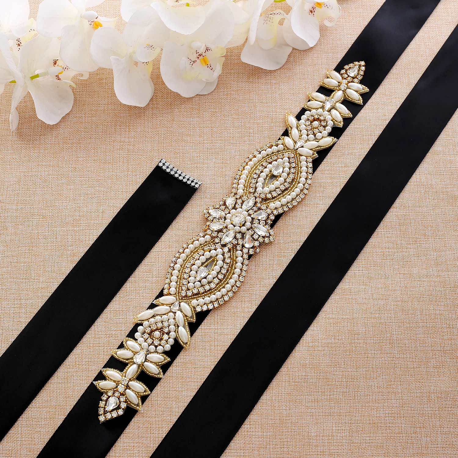 SESTHFAR Gold Crystal Wedding Sash Rhinestones Wedding Belt Handmade Pearls Bridal Belt For Bridal Bridesmaid Dresses