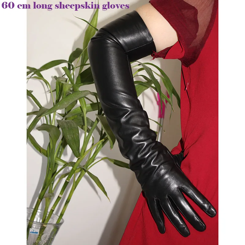 Super Long Sheepskin Gloves Women Leather Touch Screen Elbow Length Thin Silk Spring and Autumn Thick Velvet Lining Arm Sets