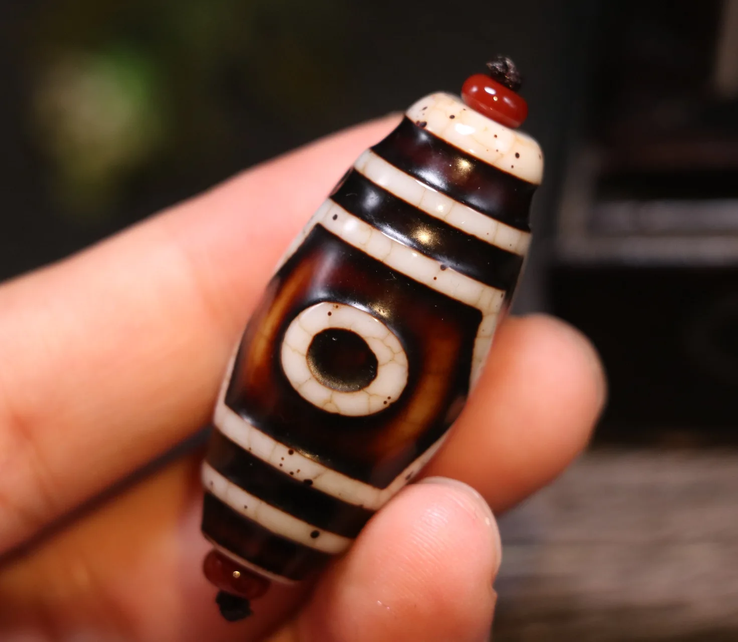 Treasure Unique Ultra Power Magic Tibetan Old Agate Etched 3 Eye Big Drum SH dZi Bead Amulet Pendant A UPD22