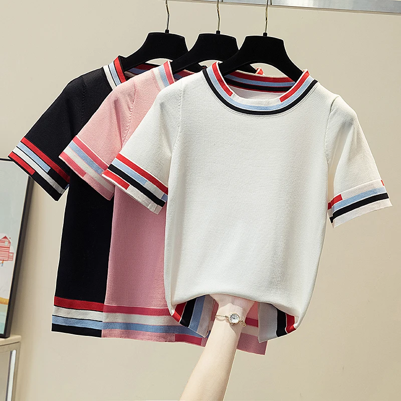 2022 Summer T Shirt Women Knitted Womens Tops O-Neck Tshirts Contrast Color Short Sleeve Tees Casual Woman Clothes Poleras Mujer