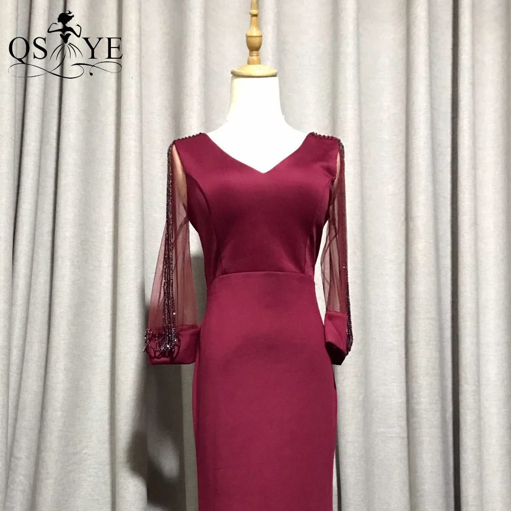 Beading Long Sleeves Burgundy Evening Dresses Stretch Mermaid Prom Gown MermaidCrystal Stone V Neck Red Women Formal Party Dress