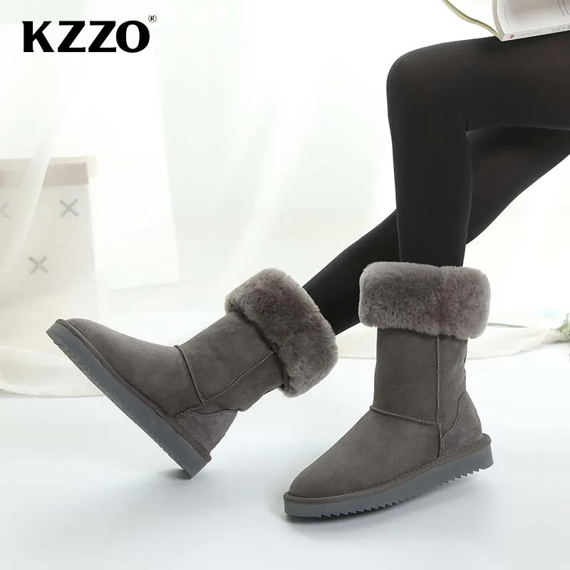 KZZO Real Sheepskin Suede Leather Women\'s High Snow Boots Natural Fur Wool Lined Winter Warm Casual Shoes Non-slip Comfortable