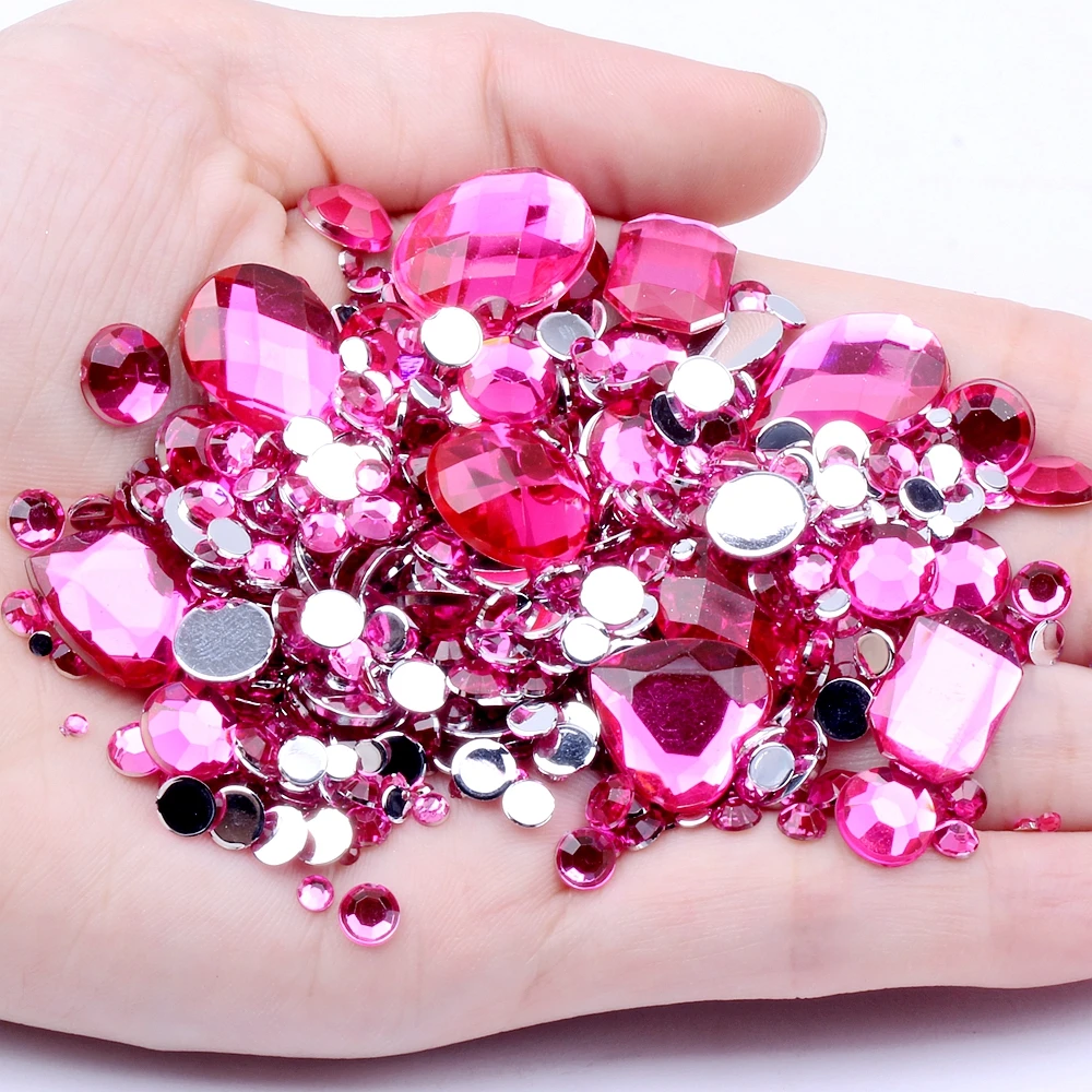 Mix Sizes rose Color Round strass Acrylic Loose Non-Hotfix Flatback Rhinestone Nail Art Crystal Stones For Wedding Decorations