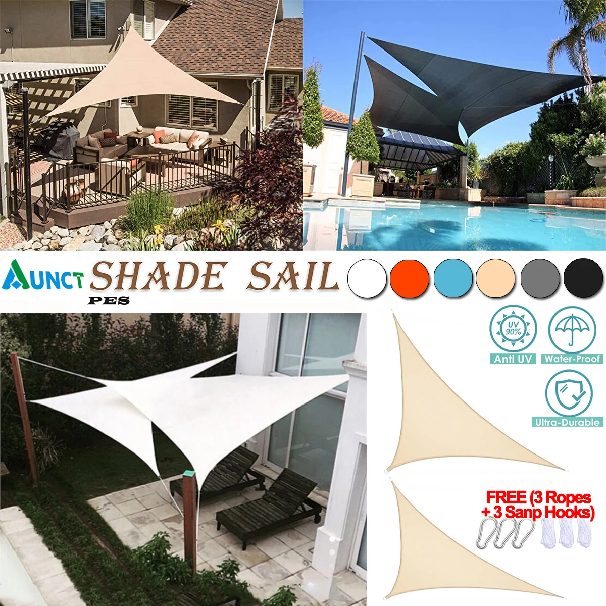 Aunct-refugio solar 300D impermeable, sombrilla triangular de protección solar para jardín, Patio, piscina, toldo de vela para acampar