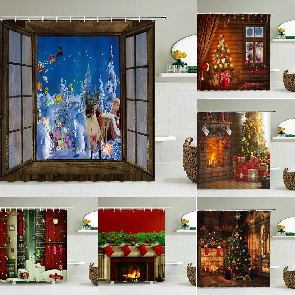 

Merry Christmas Santa Claus Deer Christmas Tree Gift Shower Curtains Frabic Waterproof Polyester Decor Xmas Bathroom Curtain